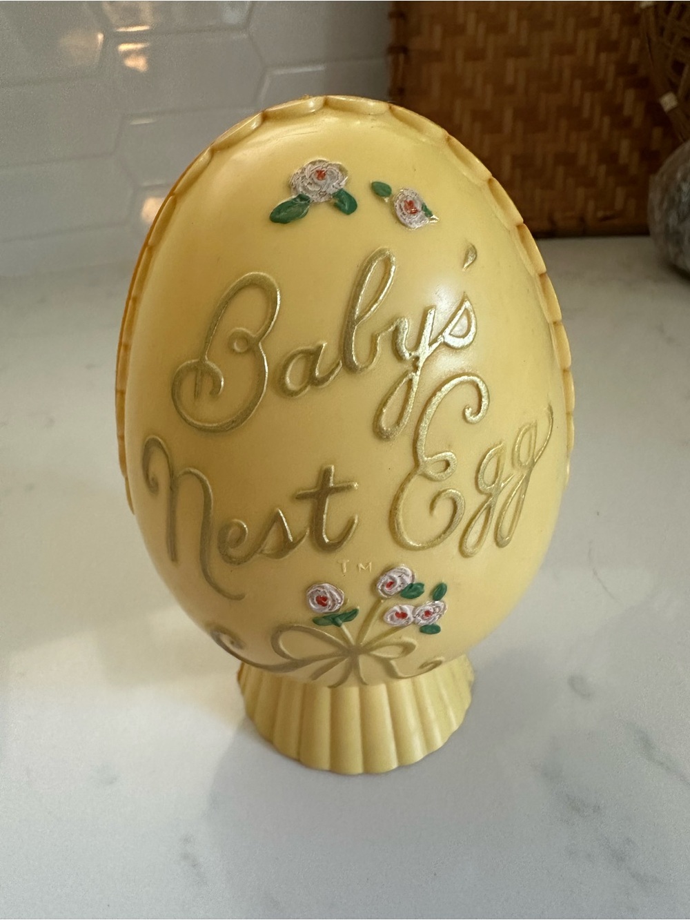 Vintage Baby’s Nest Egg Plastic Coin Bank Yellow Easter Egg Bank Nursery Decor